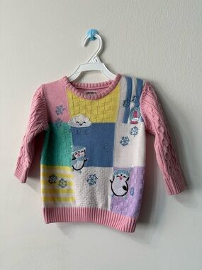 FRENZ Patchwork Penguin Sweater Pullover Knit 12-18 Months Pink Long Sleeve